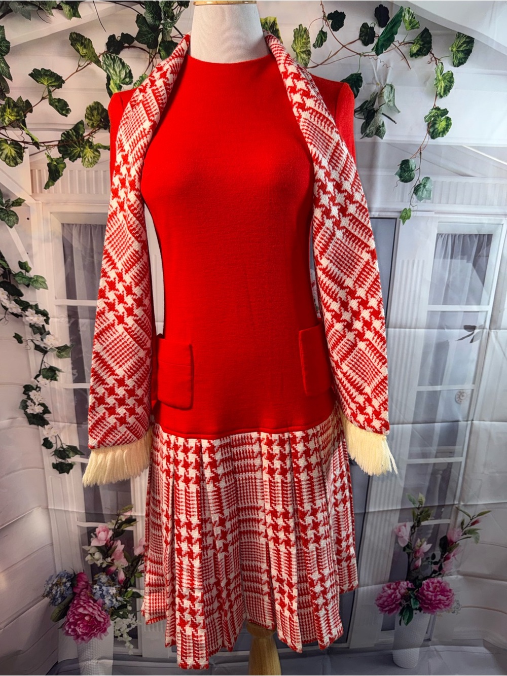1170-Vintage Howard Wolf Red Knit Midi Dress with Patterned Skirt and Scarf